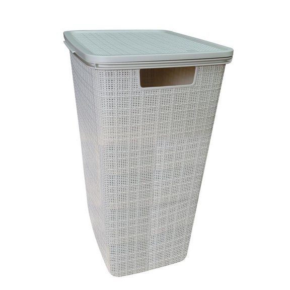 YBM Home Plastic Rattan Laundry Hamper Basket with Hinged Lid, Ventilation Holes, Durable, Lightweight Bin With Cutout Handles, Storage Dirty Clothes, Space Saver, Beige