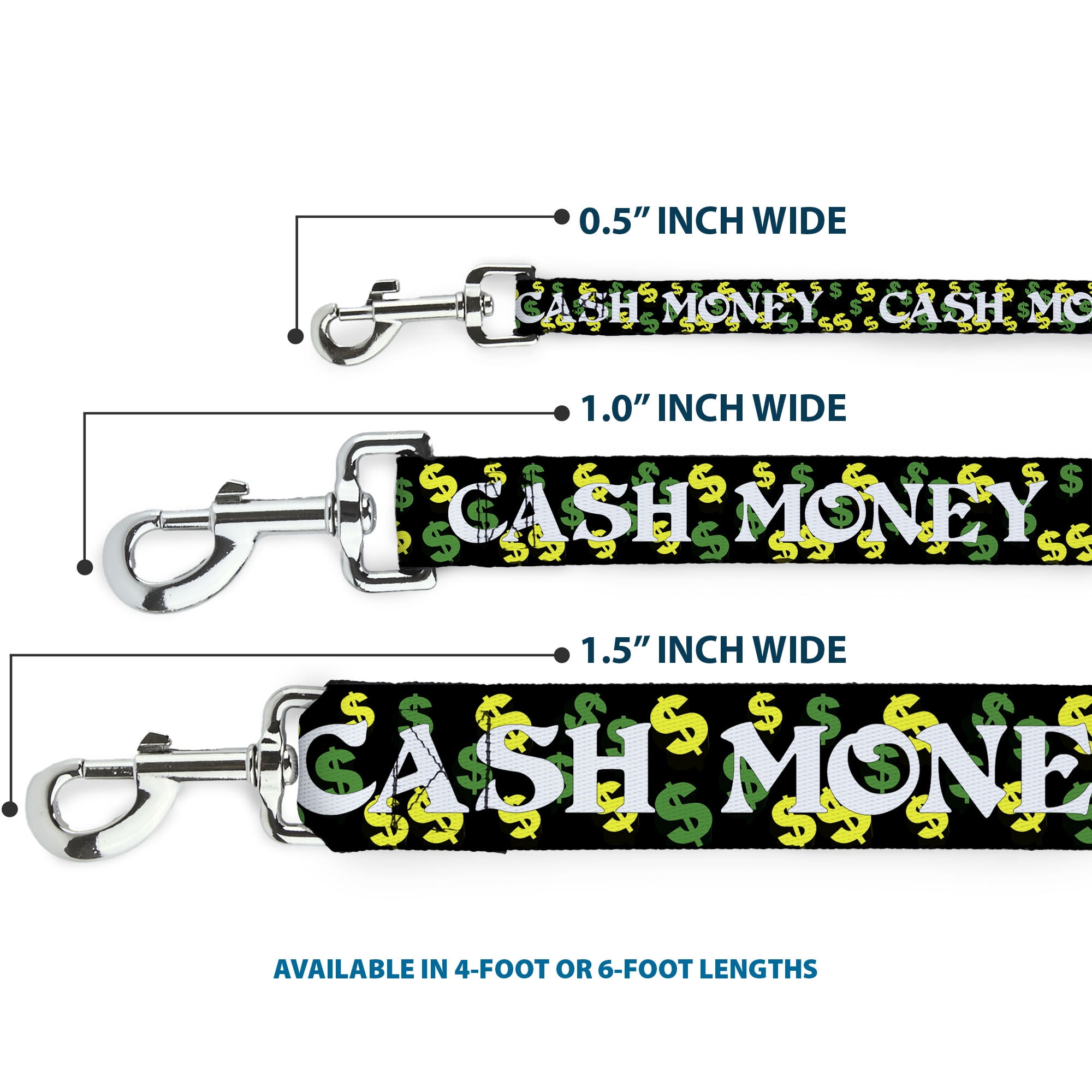 Buckle-Down Pet Leash, Dog Leash, Cash Money Dollar Black White Yellow Green, 6 Feet Long 1.0 Inch Wide