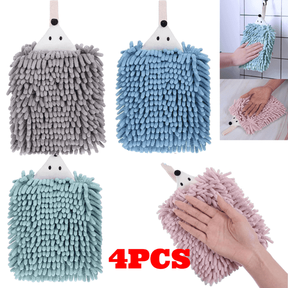 4pcs Double-Sided Animal Chenille Towels, Hanging Kitchen Hand Towels, Quick Dry, Cute Fuzzy Ball Towels