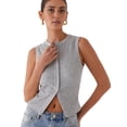 thumbnail image 3 of Women'S Sleeveless Round Neck Slim Fit Ribbed Button Vest Light gray M, 3 of 10