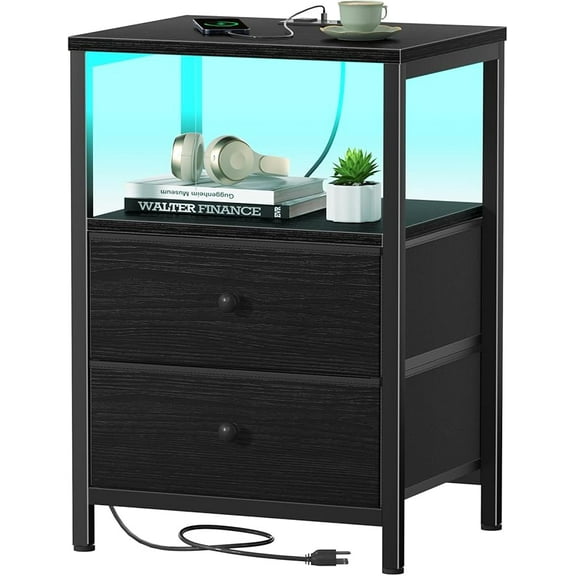 White Nightstand with Charging Station, LED Night Stand with 2 Fabric Drawers, Bedside Table with USB Ports and Outlets, Nightstand for Bedroom Modern