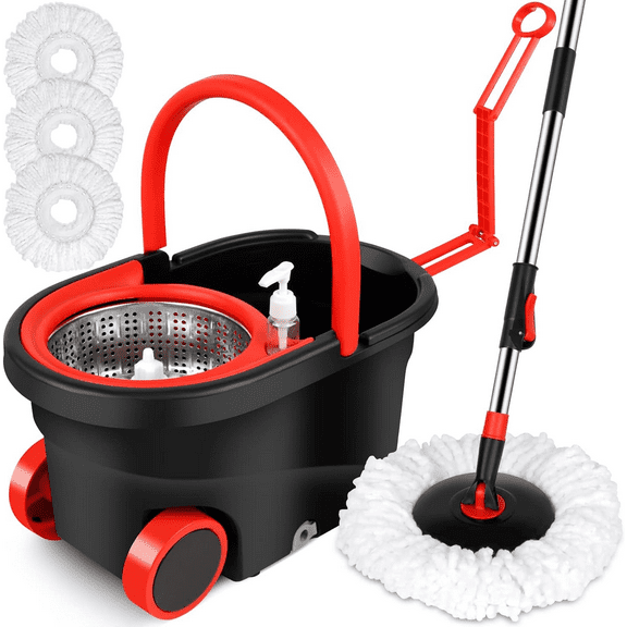 Plus Sized Spin Mop and Bucket Set on Wheels, 360 Spinning Mop Bucket with 3 Replacement Refills & 61" Extended Handle, Mop Bucket for Living Room, Bedroom, Kitchen, Office (Black & Red)