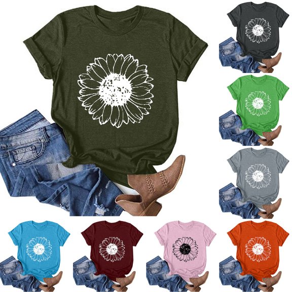 Fesfesfes Crew Neck T Shirts for Women's Fashion Crewneck Printed Short Sleeve T-shirt Casual Loose Shirt Tops Womens Going Out Tops 2XL(US:12)