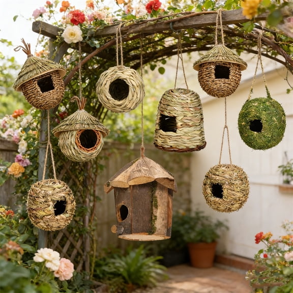 Bird Houses for Outside Bluebird House Bird Box Bird House for Window Hanging Bird House 8" Beige Grass Woven Bird House Handmade Creative Birdcage Garden Decoration