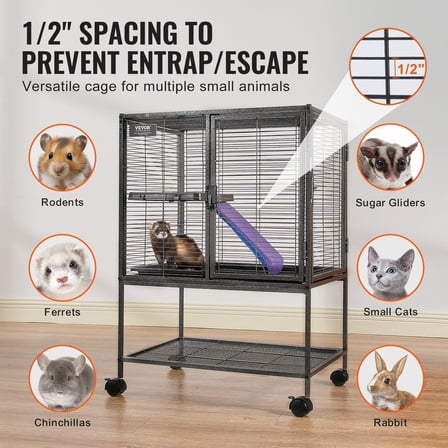 34 Inch 2-Tier Rolling Metal Animal Cage Ferret Cage Rabbits Hutch with Ramp Removable Tray for Chinchilla Small Pets