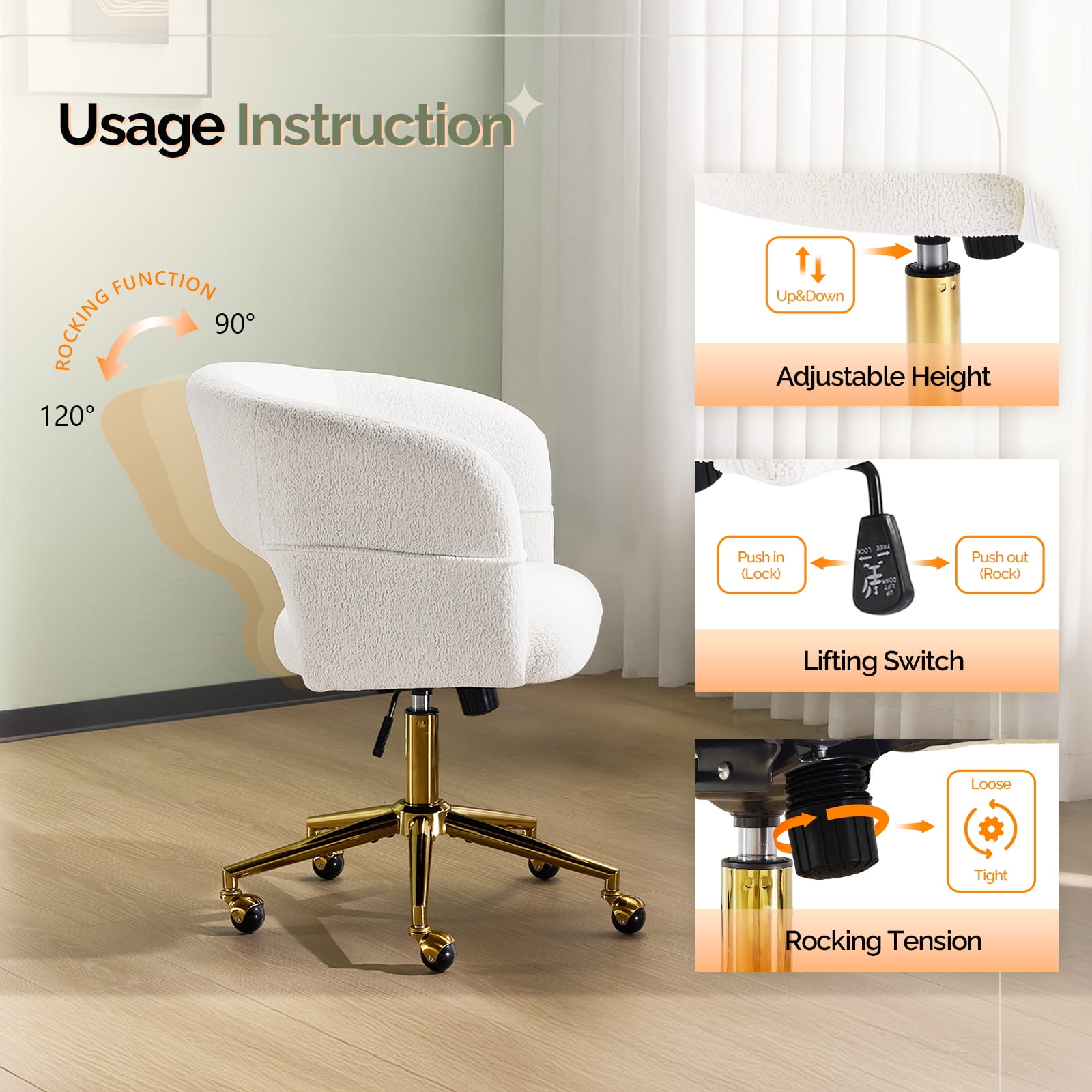 UBesGoo Modern Swivel Accent Chair, Flannel Makeup Vanity Chair, Highly Adjustable Desk Chair for Living Room Dorm Office, White