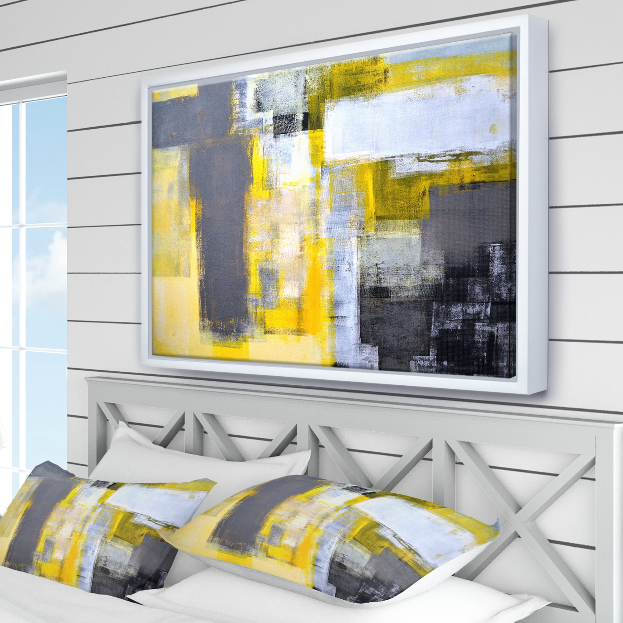 Designart ' Grey and Yellow Blur Abstract ' Abstract Framed Canvas Art Print