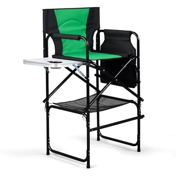 45.7" Extra Tall Director Chair w/Side Table, Heavy-Duty Steel Frame Portable Folding Bar Stool w/Storage Pockets, for Makeup Artist, Salon, Studio, Camping, 300 lbs Capacity (Green)$$Furniture
