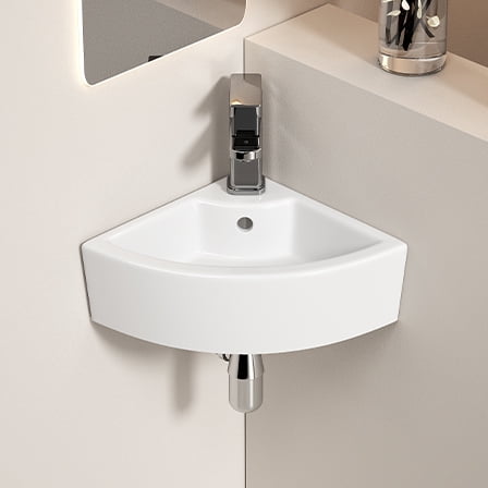 TICOZE Triangle Corner Wall Mounted Ceramic Vessel Sink, Space Saving Bathroom Sink Vanity Sink, White Gloss Ceramic Sink for Small Bathroom Powder Room