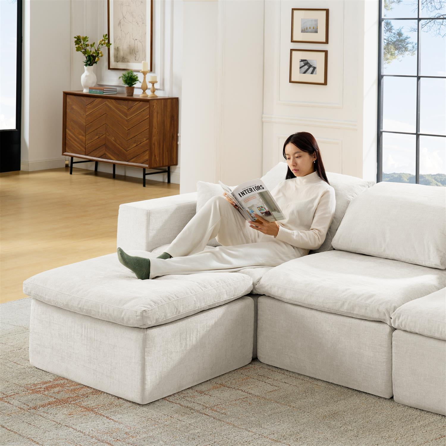 Demi Bonn 143" Cloud Sectional Couch, U-Shaped Modern Modular Sofa Complete with Cozy Chaise and Deep Seat, No Assembly Required, Beige