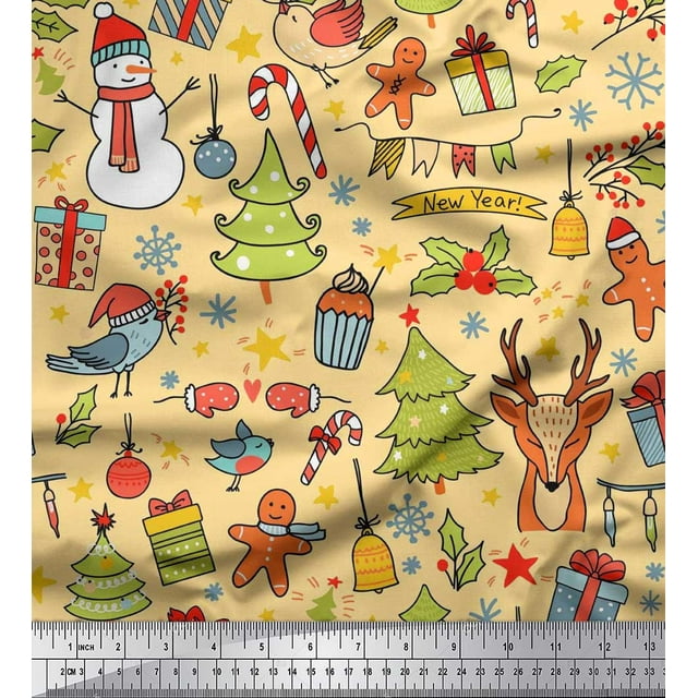 Soimoi Cotton Cambric Fabric Gift Box,Snowman & Tree Christmas Printed Craft Fabric by the Yard 56 Inch Wide