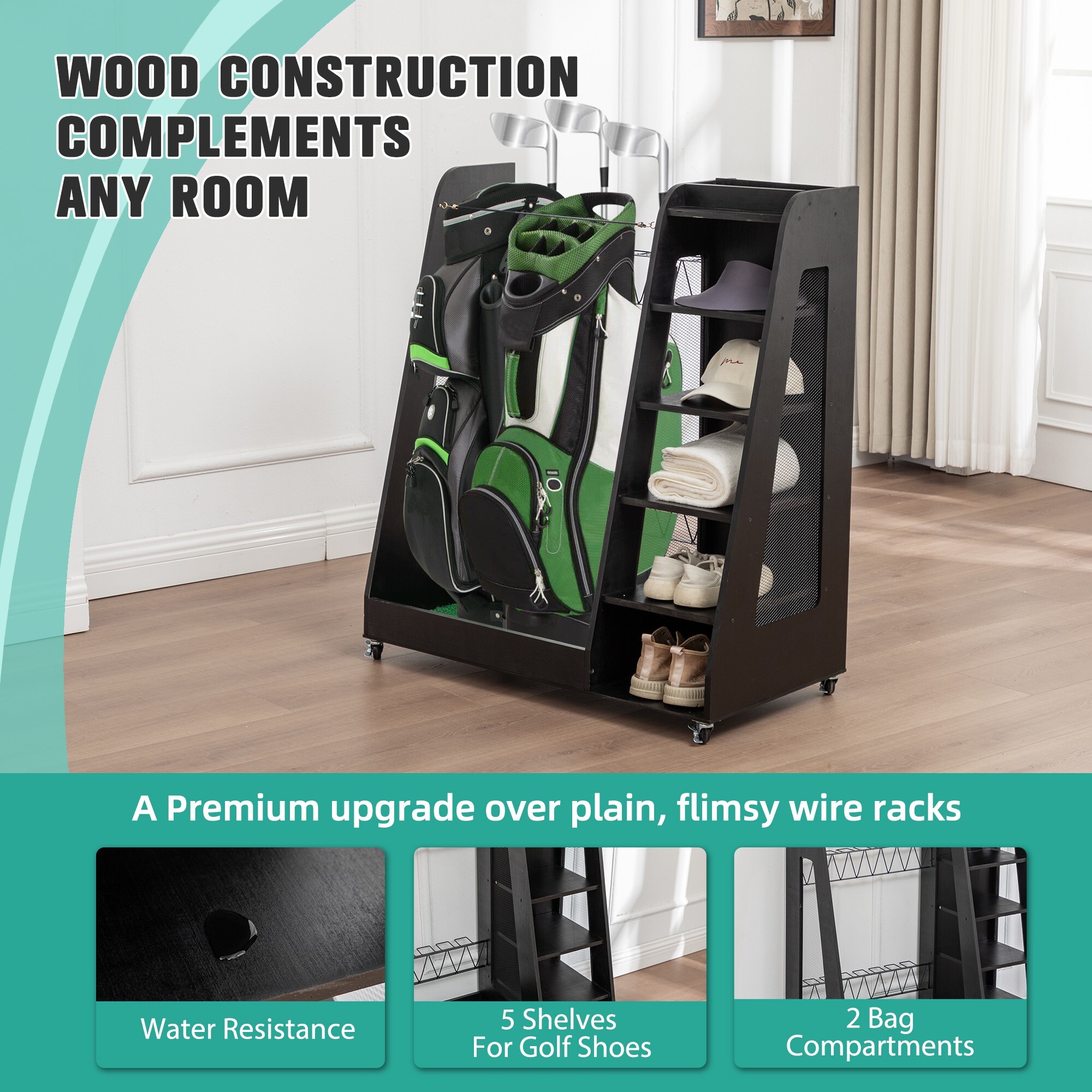 AENKYO Golf Bag Storage Rack Holds 2 Bags, with Shoe & Ball Storage, Mobile Golf Clubs Organizer Cart for Garage, Black