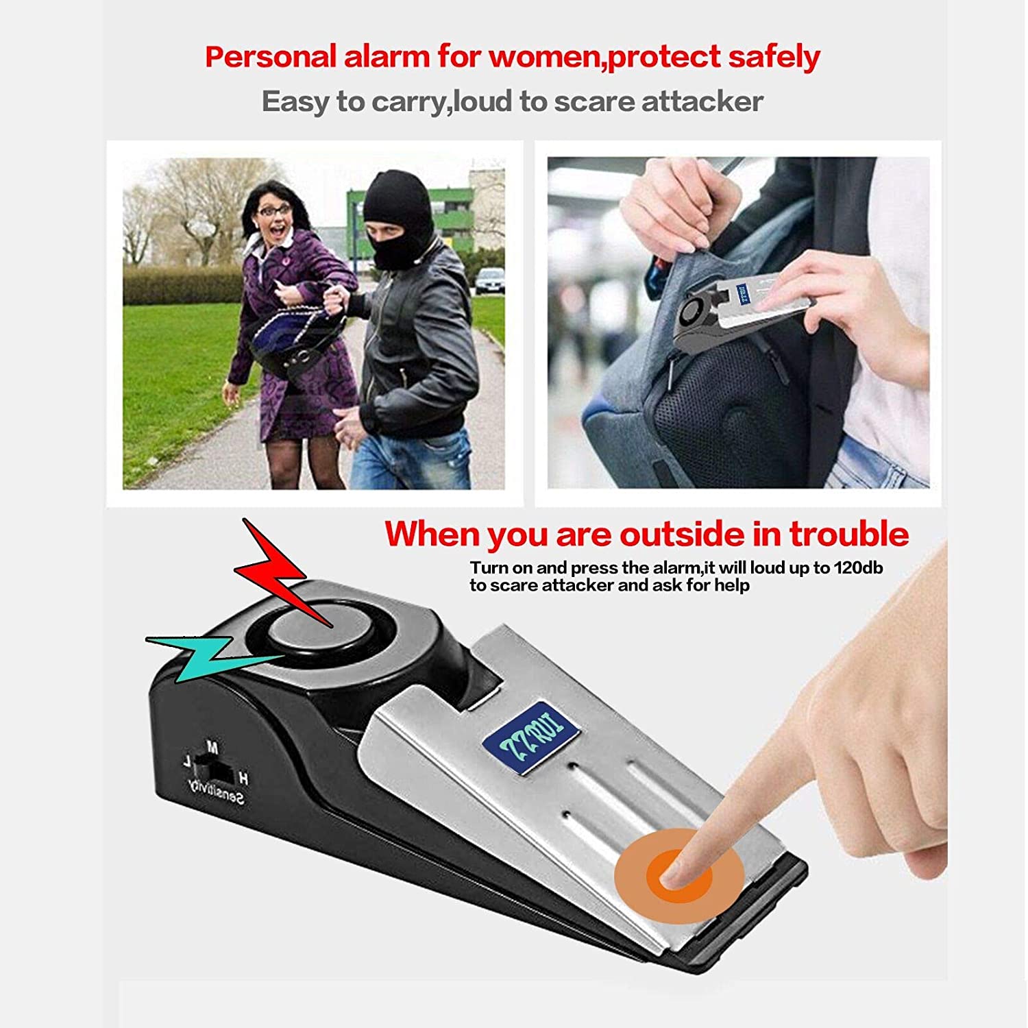 JJEAN-Upgraded 2 in 1 Portable Door Stopper Floor Wedge Security Alarm Loud 120db Entrance Alert Door Stop Alarm for Travel Home Apartment House (3 Packs)