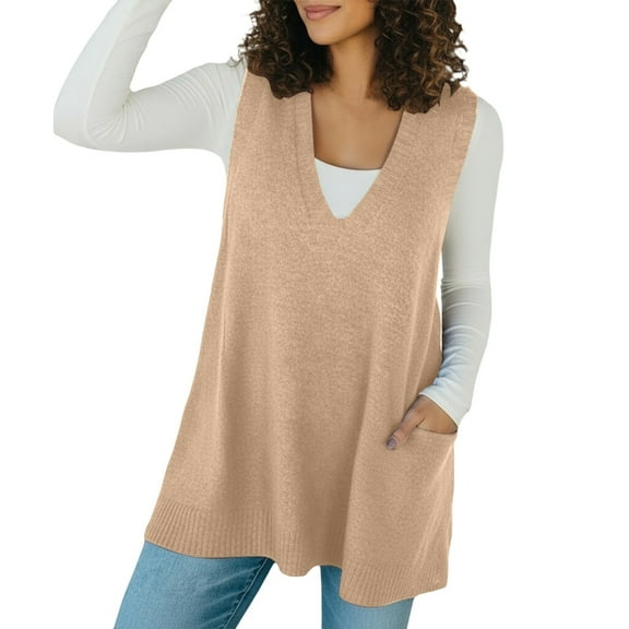 Ediodpoh Solid Knit Sweater Vest with Collar and Pocket Autumn Winter Sleeveless Pullover Sweater Vest Women for Casual Warm Fashion Khaki M