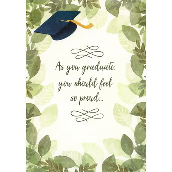 Designer Greetings You Should Feel Proud: Grad Cap with Border of Gold Foil, Light and Dark Green Leaves Graduation Congratulations Card for Young Man