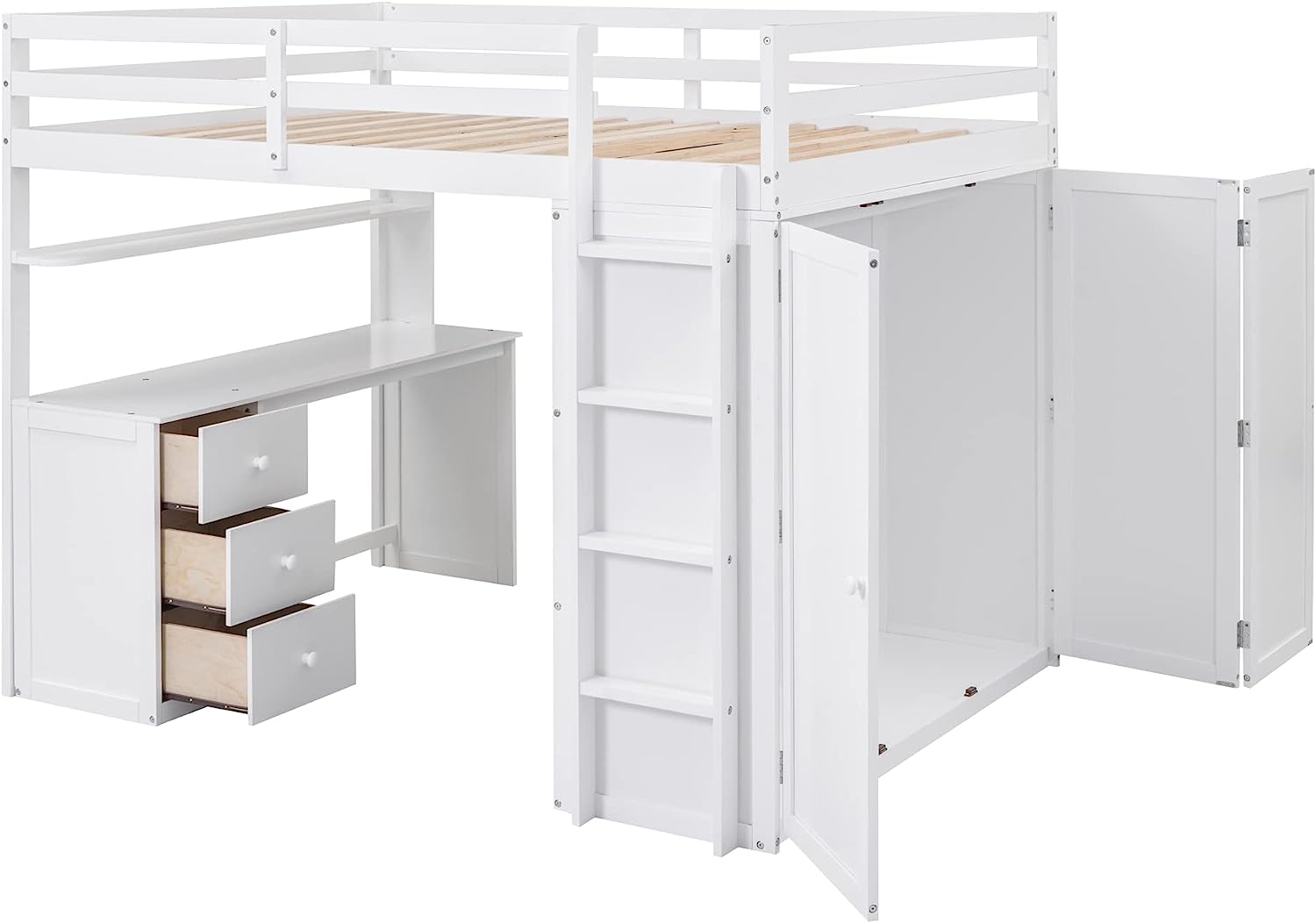 DEALTOPS Full Size Loft Bed with Wardrobe, Wood Loft Bed Frame with Desk 3 Storage Drawers Shelf Space Saving Platform Bed - White