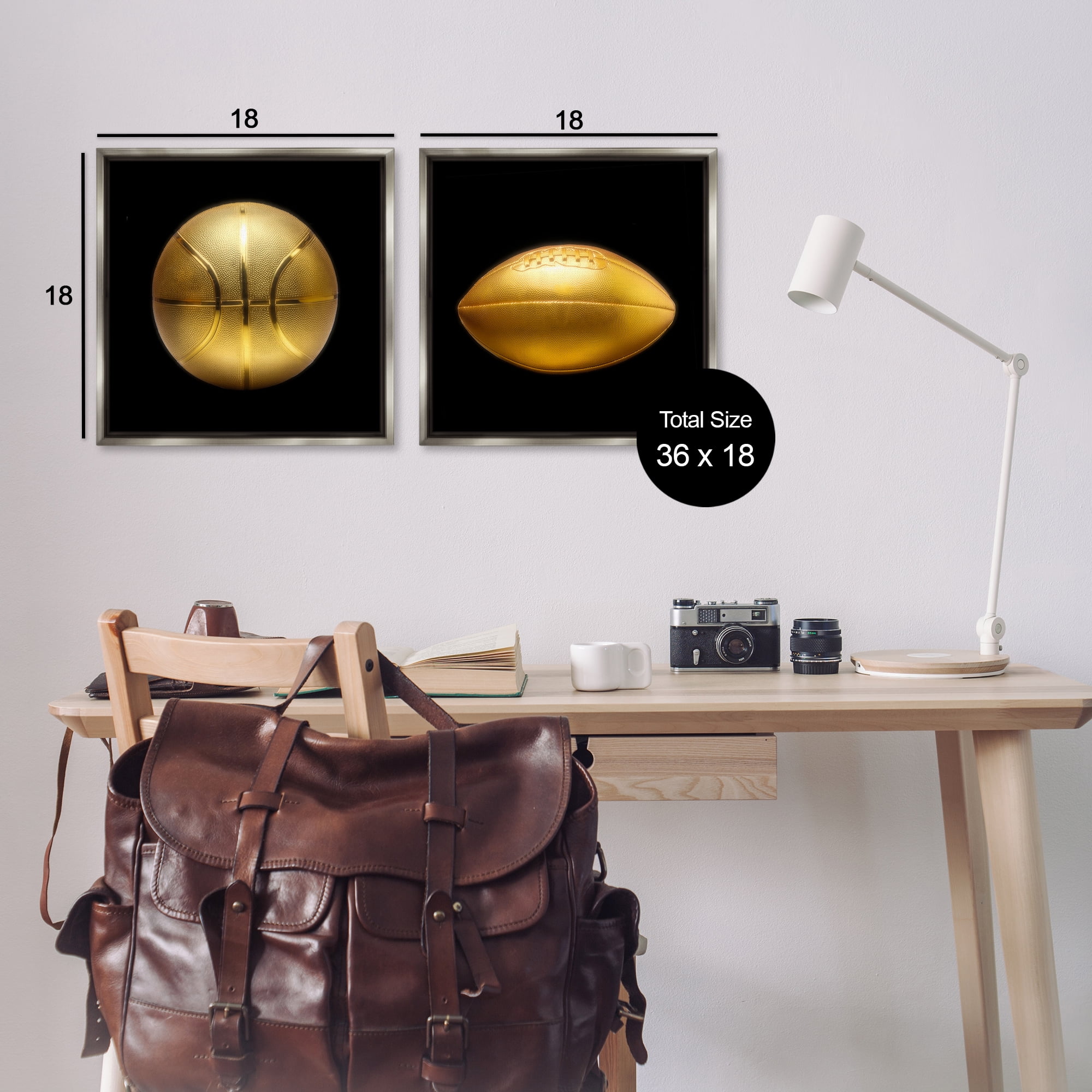 Stupell Industries Golden Designer Sports Balls Sports Painting Gray Floater Framed Canvas Art Print Wall Art, 18 x 18, Set of 2