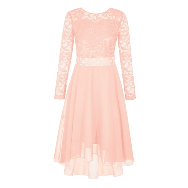 Sinleey Robe Élégante en Dentelle pour Filles Robe de Demoiselle d'Honneur Manches Longues Ligne A Ourlet Haut Bas Junior Rose 16