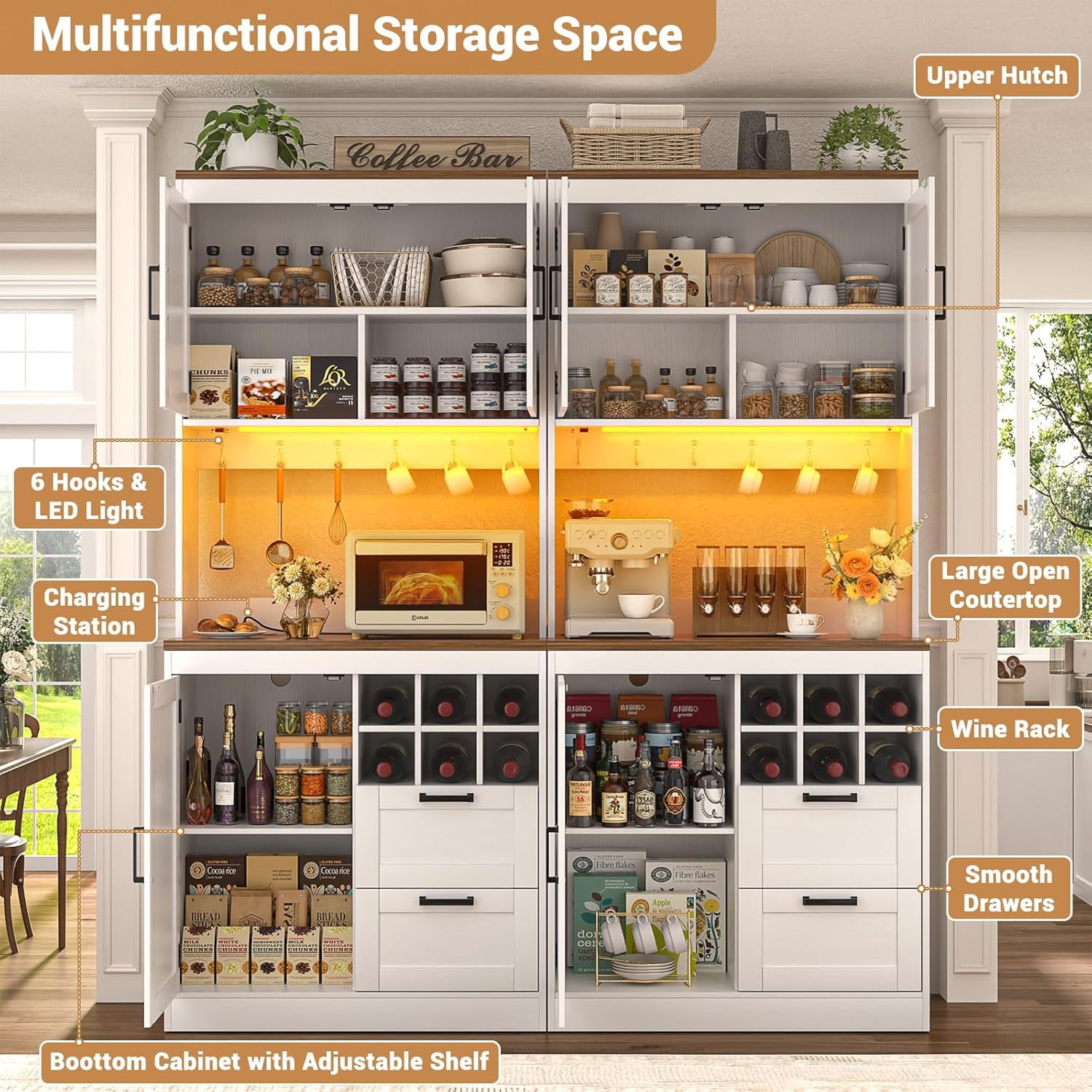 Homieasy 72'' Tall Pantry Cabinet with Outlet & LED Light, 63'' Wide Kitchen Hutch Bar with Microwave Stand, Drawers, Wine Rack & Shelves, Cupboard for Dining Room, White & Walnut