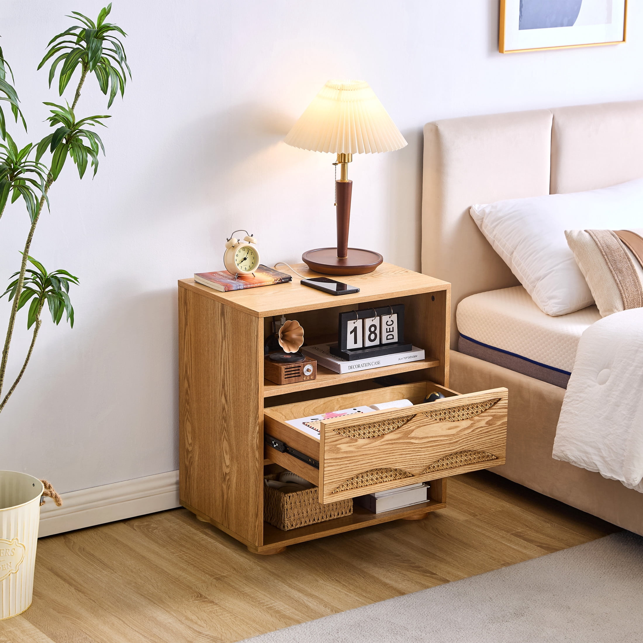 GDF Studio 23.2" Mid Century Modern Rattan Nightstand with Charging Station, Drawer & 2 Open Shelves, Natural
