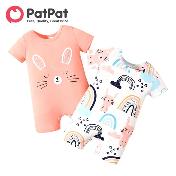 PatPat Baby Girl Rabbit Print Short-sleeve Romper