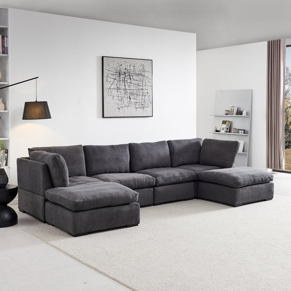 Down Filled UShaped Sectional Sofa Set, Linen Fabric Upholstery