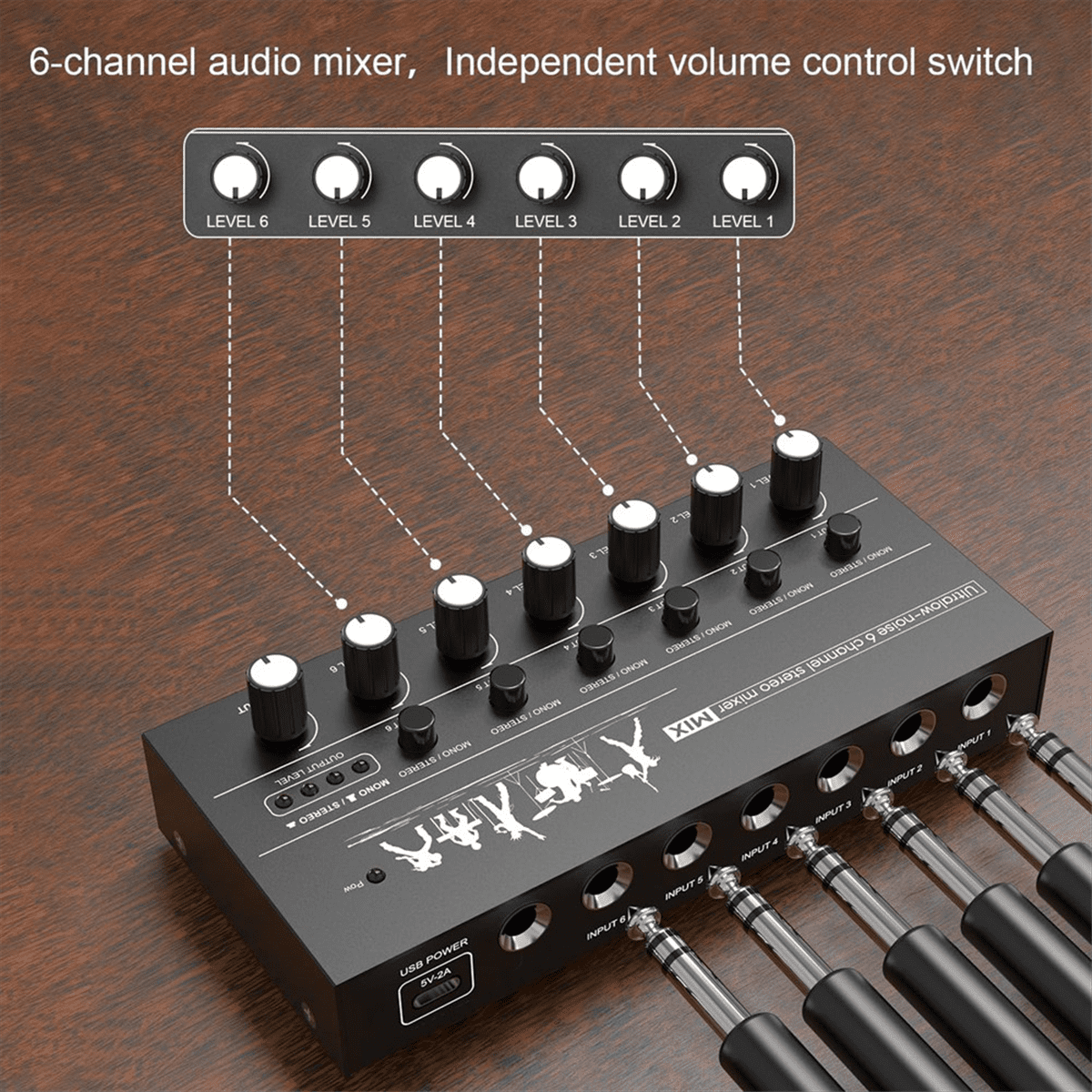 Mini Stereo Audio Mixer 6 Channel Microphone Mixer Instrument Expander for Guitar/Electric Keyboard/Amplifier/Speaker,Black
