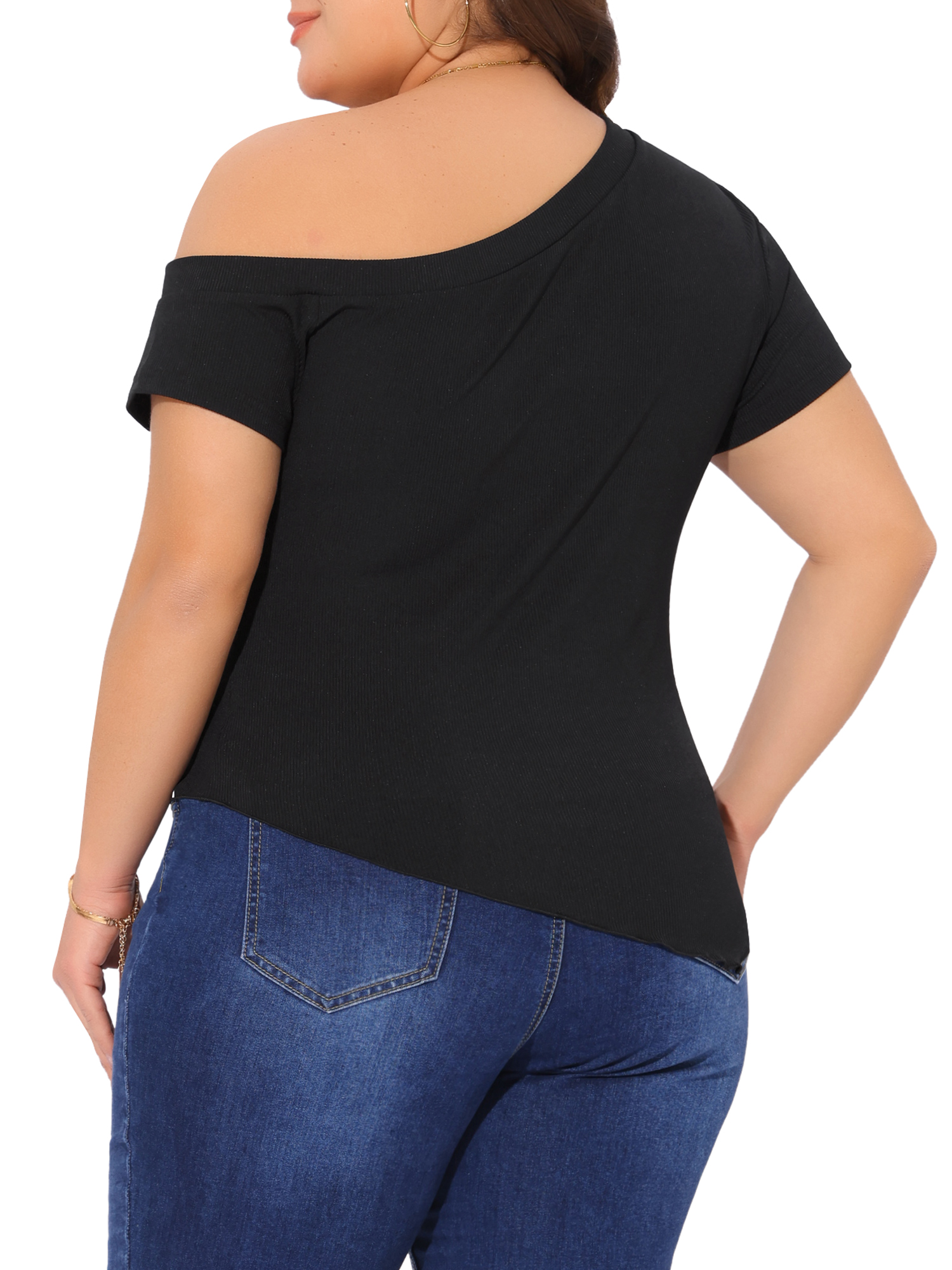 DARING DIVA Women's Plus One Shoulder Blouse 4X Black
