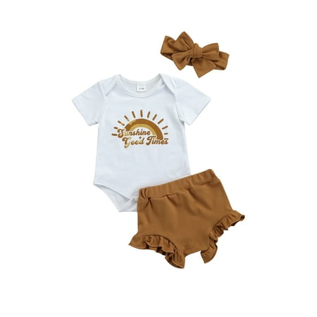 

jaweiw Three Piece Baby Girl’s Clothes Set Sweet Rainbow Letter Short Sleeve Romper and Short Pants with Headband