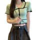 thumbnail image 1 of Blusa de manga corta de seda de hielo con botones decorativos y cuello vuelto, blusa de punto corta para verano, 1 of 8