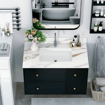 37 Inch Marble Vanity Top, Bathroom Vanity Top with Undermount Rectangular Middle Sink and 4" Height Backsplash, Pre-Drilled Faucet Hole Vanity Top,