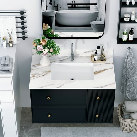 37 Inch Marble Vanity Top, Bathroom Vanity Top with Undermount Rectangular Middle Sink and 4" Height Backsplash, Pre-Drilled Faucet Hole Vanity Top,