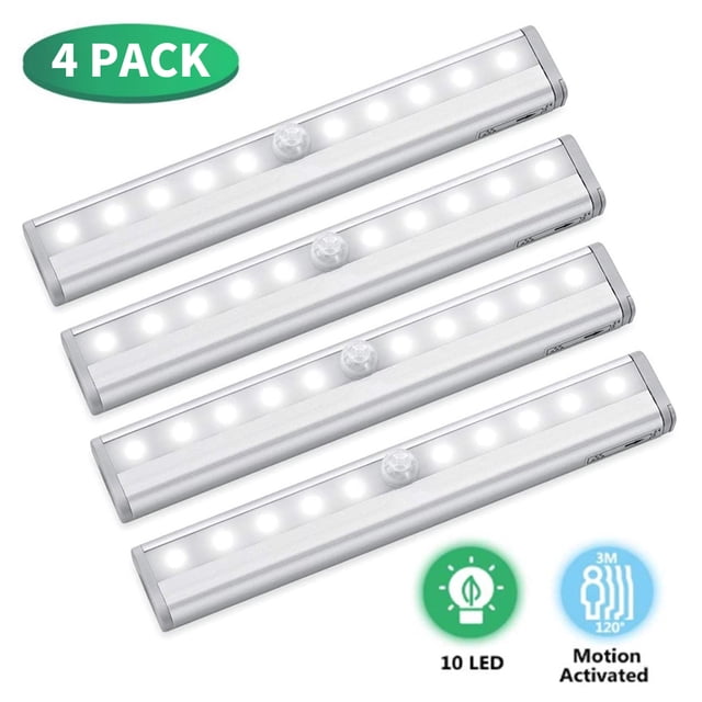 4 Pack LED Motion Sensor Closet Lights by NiTop, featuring 10 ultra-bright LEDs per light in a sleek aluminum and ABS design. These battery-operated lights use passive infrared technology to detect motion within 10 feet and automatically turn on in dark environments, staying on for 12-18 seconds after motion ceases. Each light measures 7.5 x 1.2 inches and includes an adhesive magnetic strip for easy installation and detachment. Ideal for undercabinet lighting, closets, stairs, and more.