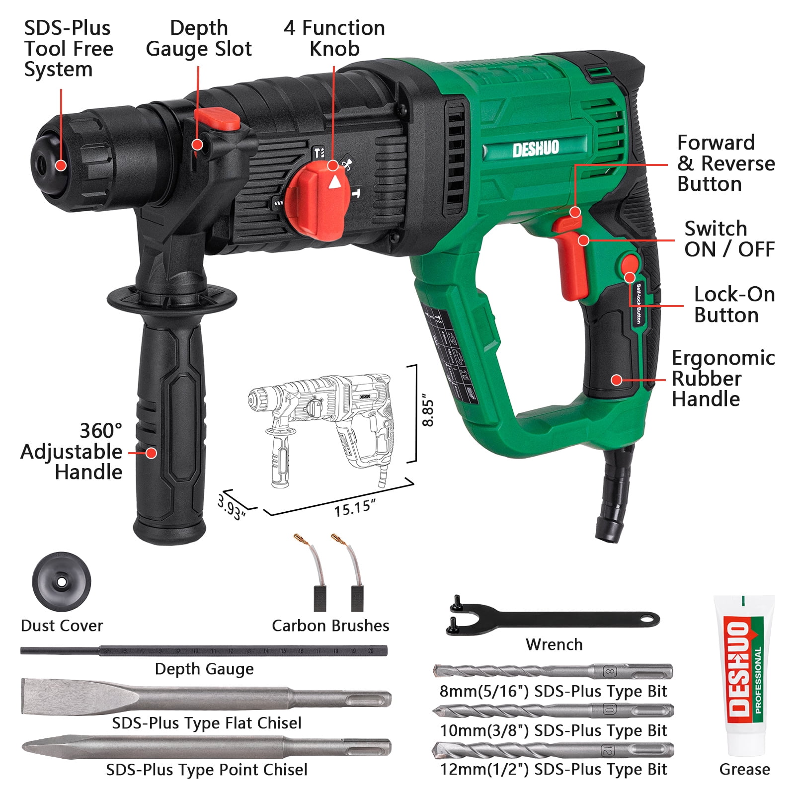 Deshuo 1 in Sds-Plus Lightweight Rotary Hammer, 9 Amp, 4 Functions, Variable Speed, with Bits and Case