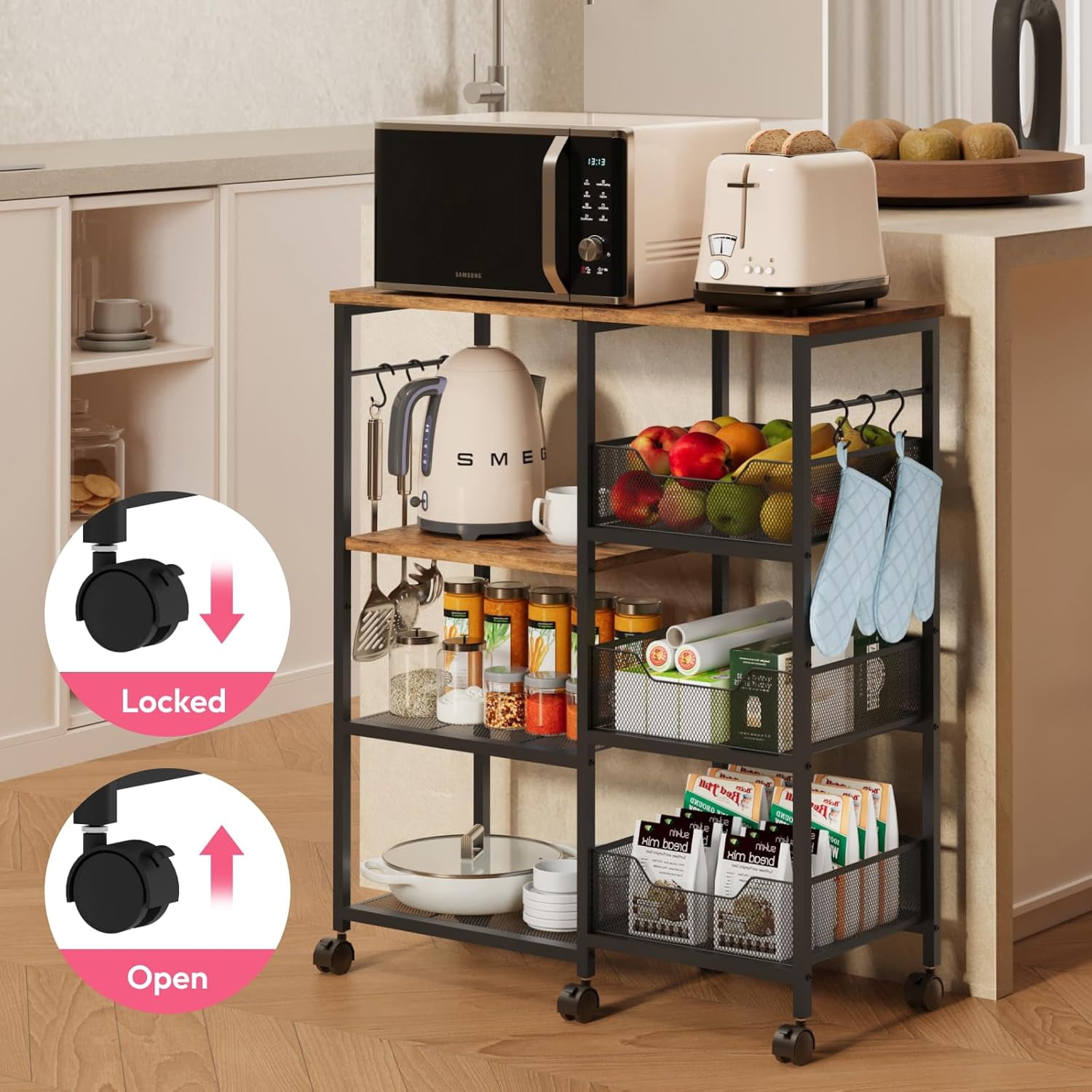 Kitchen Island Cart on Wheels - 4 Tier Rolling Kitchen Table Cart with Storage Shelves, 6 Removable Hooks & Locking Casters, Coffee Bar Cabinet for Dining Room Pantry Office, Espresso