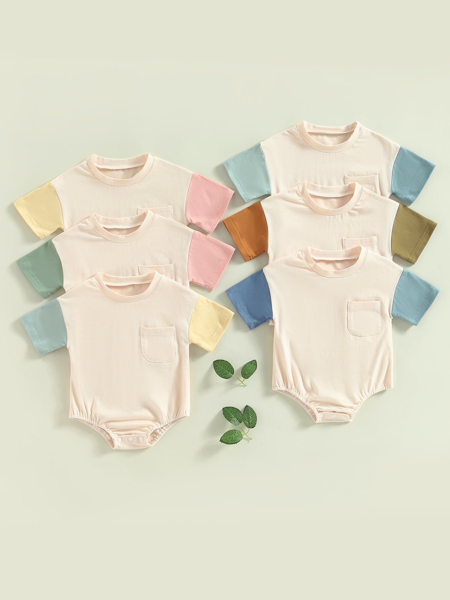 Baby Boy Color Block Short-sleeve Splicing Striped Romper with Pocket