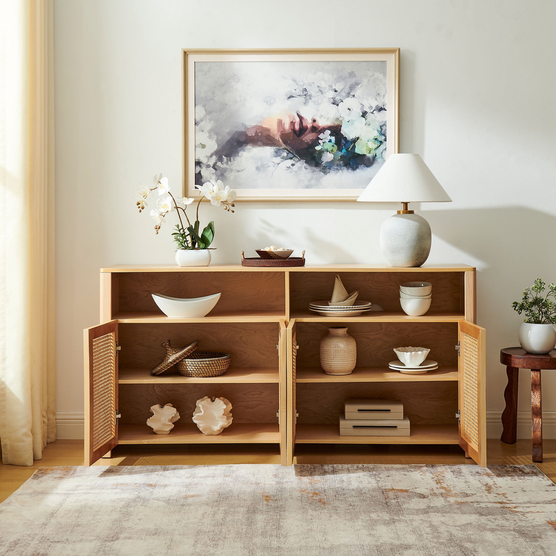 GDF Studio 63" Mid Century Modern Rattan Sideboard Buffet Cabinet with 4 Doors, Adjustable Shelves, Natural