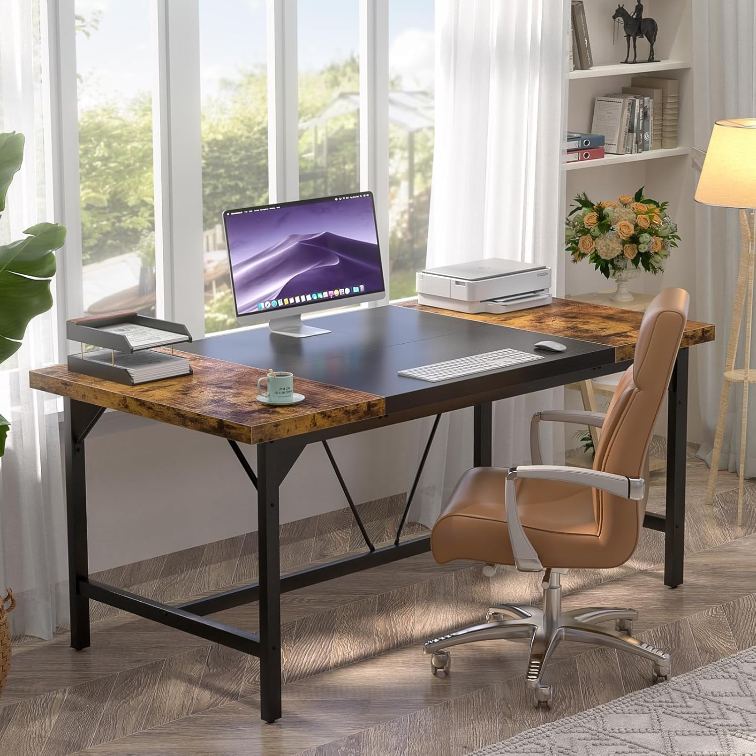 Homieasy 63 Inch Computer Desk, Sturdy Large Office Desk, Premium 2 Person Long Desks, Super Thick Study Writing Gaming Table, Modern Computer Table, Easy to Assemble, Rustic Brown