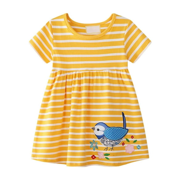 Tfken Girls Dresses For Summer Crew Neck Short Sleeve Print Dresses Daily Wear Fashion Toddler Soft Clothes Yellow Size 3-4 Years