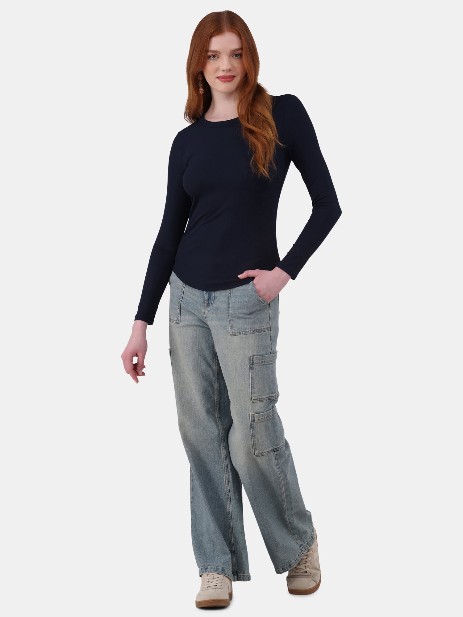 No Boundaries Ribbed Crewneck Tee with Long Sleeves, 1 or 2-Pack, Women's & Women's Plus XXS-XXL