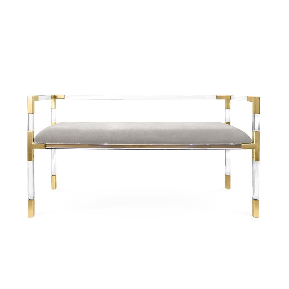 Doyle Bench in Clear, Acrylic Bench, Velvet Bench, Modern Bench with brushed brass details, Gold Bench, Clear Bench with brass details, Grey Velvet Bench, Stylish Bench, Entryway Bench, Living Room Be