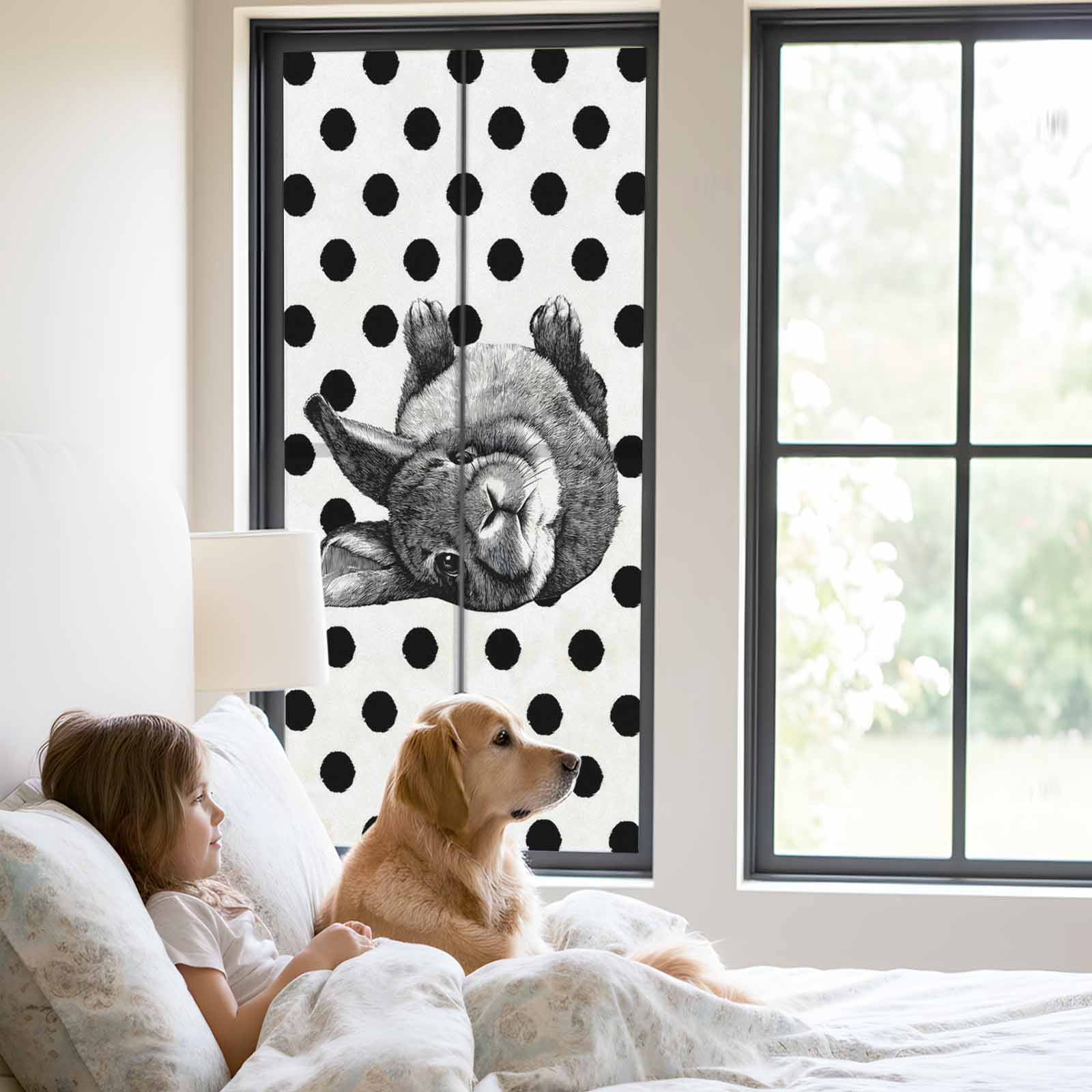 Easter Bunny Window Privacy Film, Cute Gray Rabbit Farm Country Black Polka Dots Frosted Glass Window Clings Static Cling UV Heat Blocking Reusable Door Sticker for Bathroom 23.6 x 59 Inch