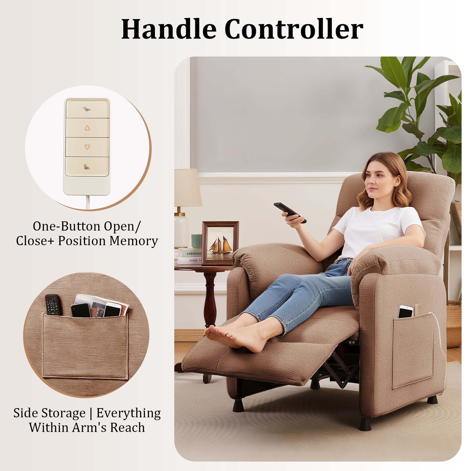 Miniyam Power Recliner Chair in Brown, Full Steel Frame & 7-Zone Support with Wired Memory Remote for Home Theater