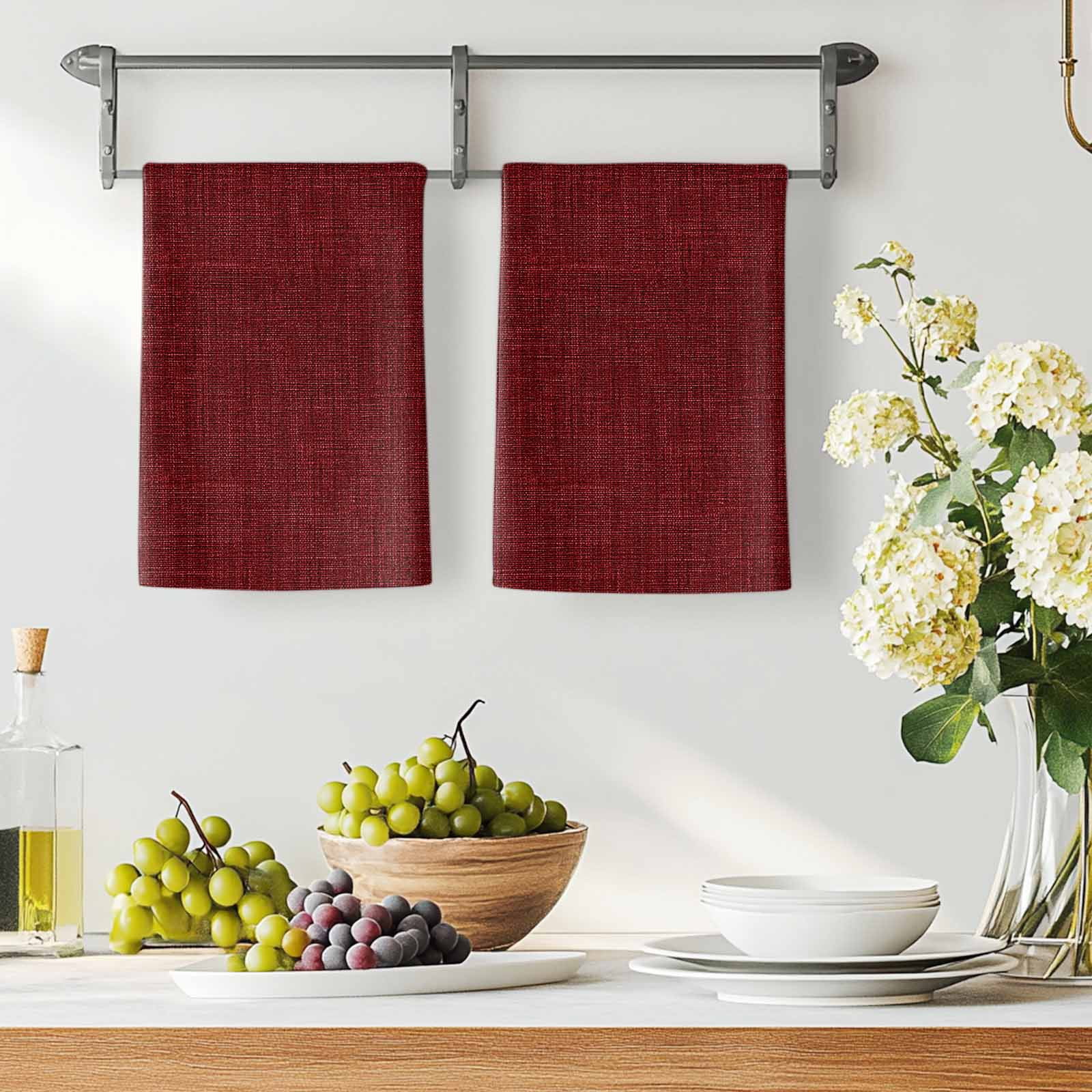 Dark Red Microfiber Kitchen Towel, Farmhouse Burlap Solid Red Color Modern Linen Texture Soft Absorbent Dish Towels, Quick Drying Washable Dishcloths for Kitchen Cleaning, Drying Dishes, 18x28 Inches