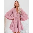 thumbnail image 3 of Casual Ruffle Dress for Women Bell Sleeve V Neck Fringe A-line Babydoll Loose Shift Dresses, Green, Large, 3 of 5