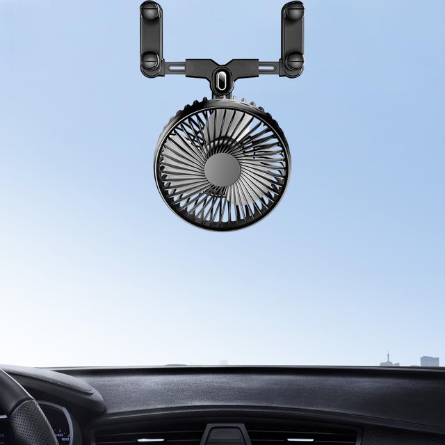 ventilador de automóvil dynwavemx automático bajo ruido mini ventilador de coche Negro, vista frontal centrada: ventilador circular con rejilla radial y aspas, clip en T ajustable sujeto al espejo retrovisor, cuerpo de plástico con bisagra para rotación 360°, ajuste de 3 velocidades y uso interior en parabrisas/puestos traseros; compatible con 12V/24V, tamaño aprox. 124 mm x 75 mm (4.88" x 2.95"); a menudo usado también para mejorar la ventilación en asientos traseros durante viajes.