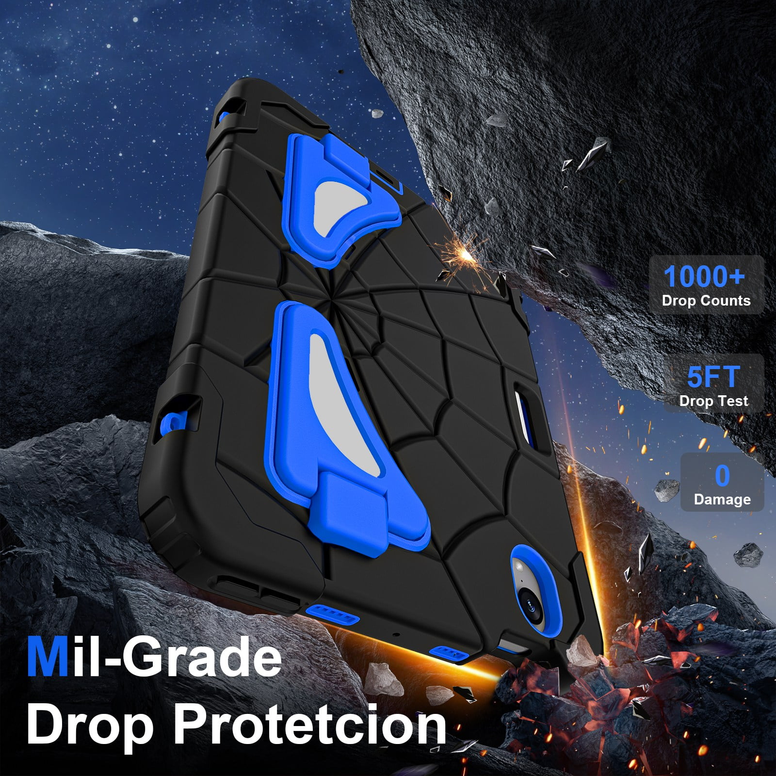 ELEHOLD Kids Friendly Case For iPad Air 11-inch M3 (2025) / M2 (2024), Heavy Duty Shockproof Rugged Protective Case with Pencil Holder Foldable Kickstand for Boys Children Case, Black+Blue