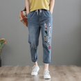 thumbnail image 1 of Pantalones vaqueros de mujer de primavera y otoño con bordado artístico roto, pantalones capri de mujer con cintura alta elástica, pantalones vaqueros holgados de talla grande para mujer, 1 of 6