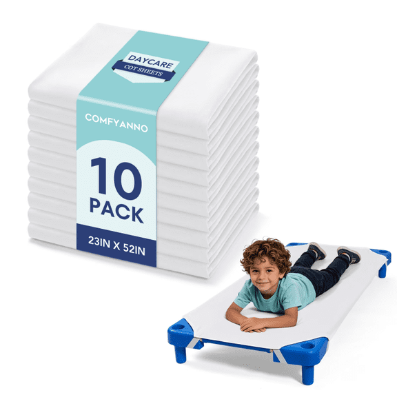 Comfyanno Cot Sheets for Daycare Standard Size - Fits 23" x 52" Cot, 10 Pack Bulk, Daycare Essentials, Soft & Comfortable Fitted Cot Cover, Preschool Kids Nap Time Sheets, Brushed Microfiber- White
