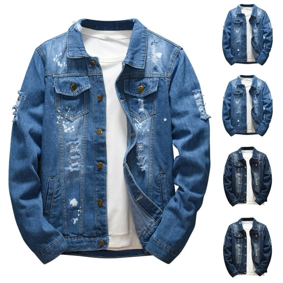 Kctiaxy Jean Jacket Men Causal Long Sleeve Turn-down Collar Denim Jacket Solid Color Button Down Stretch Fitted Fashion Trave L Denim Jackets with Pockets